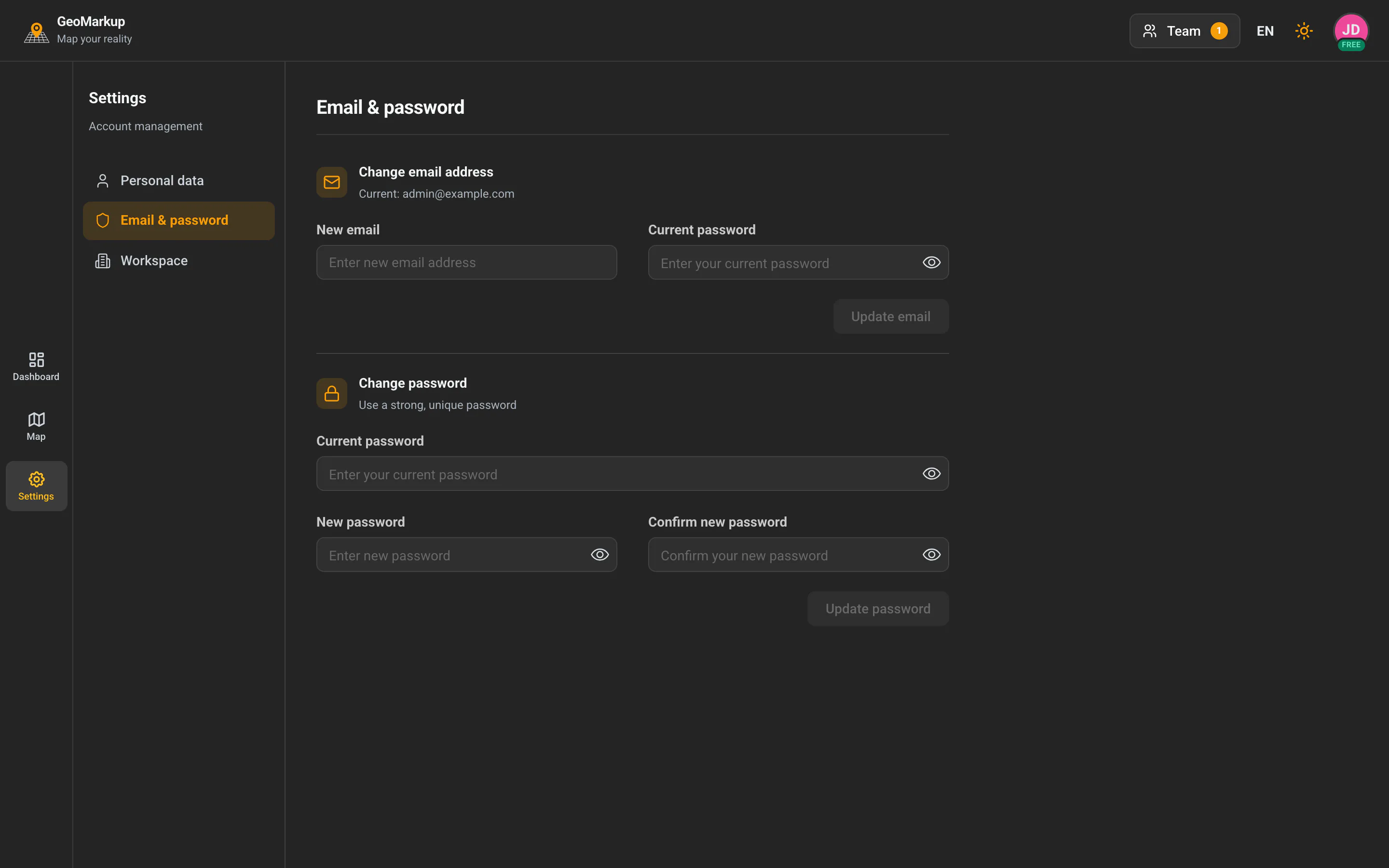 Settings — the "Email & password" tab with the email- and password-change sections