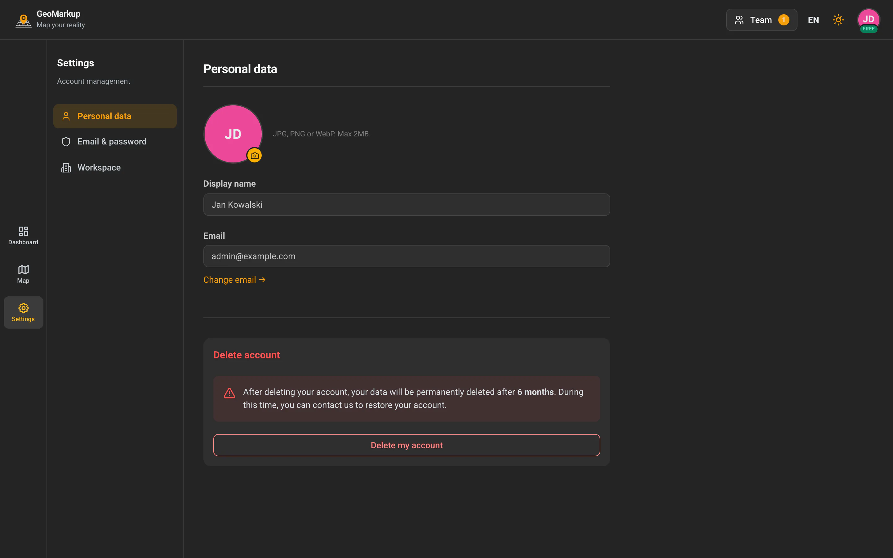 Settings — the "Personal data" tab with avatar, name and the account-deletion section