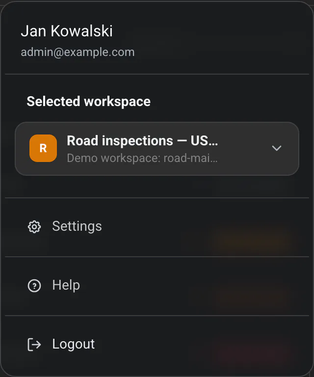 User menu with the "Settings" and "Logout" options