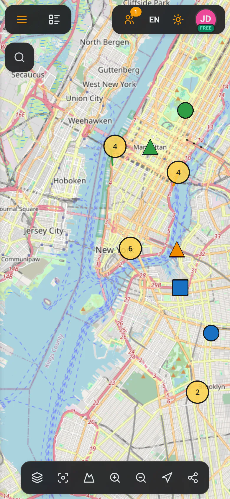 Map view on a phone — the mobile menu buttons and panels