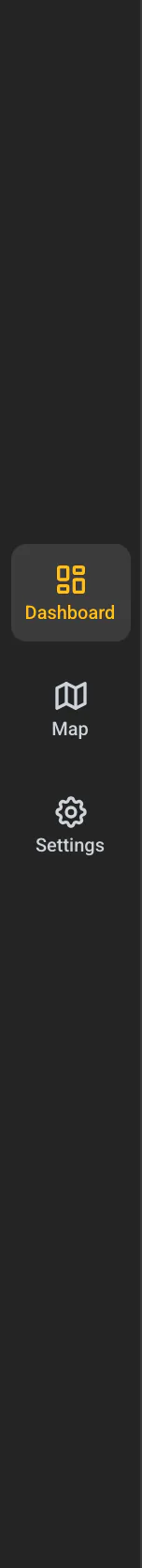 The side menu with Dashboard, Map and Settings