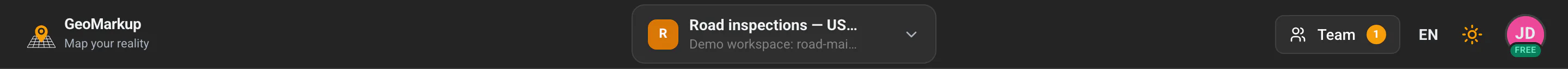 The top bar with the logo, workspace switcher and account buttons