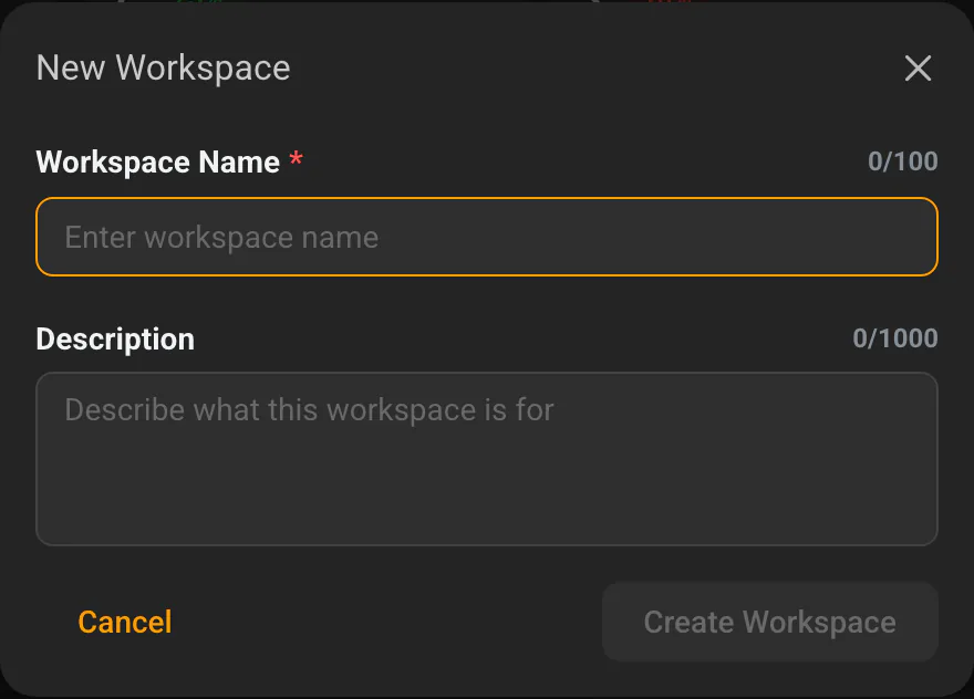 The "New Workspace" dialog with the Workspace Name and Description fields