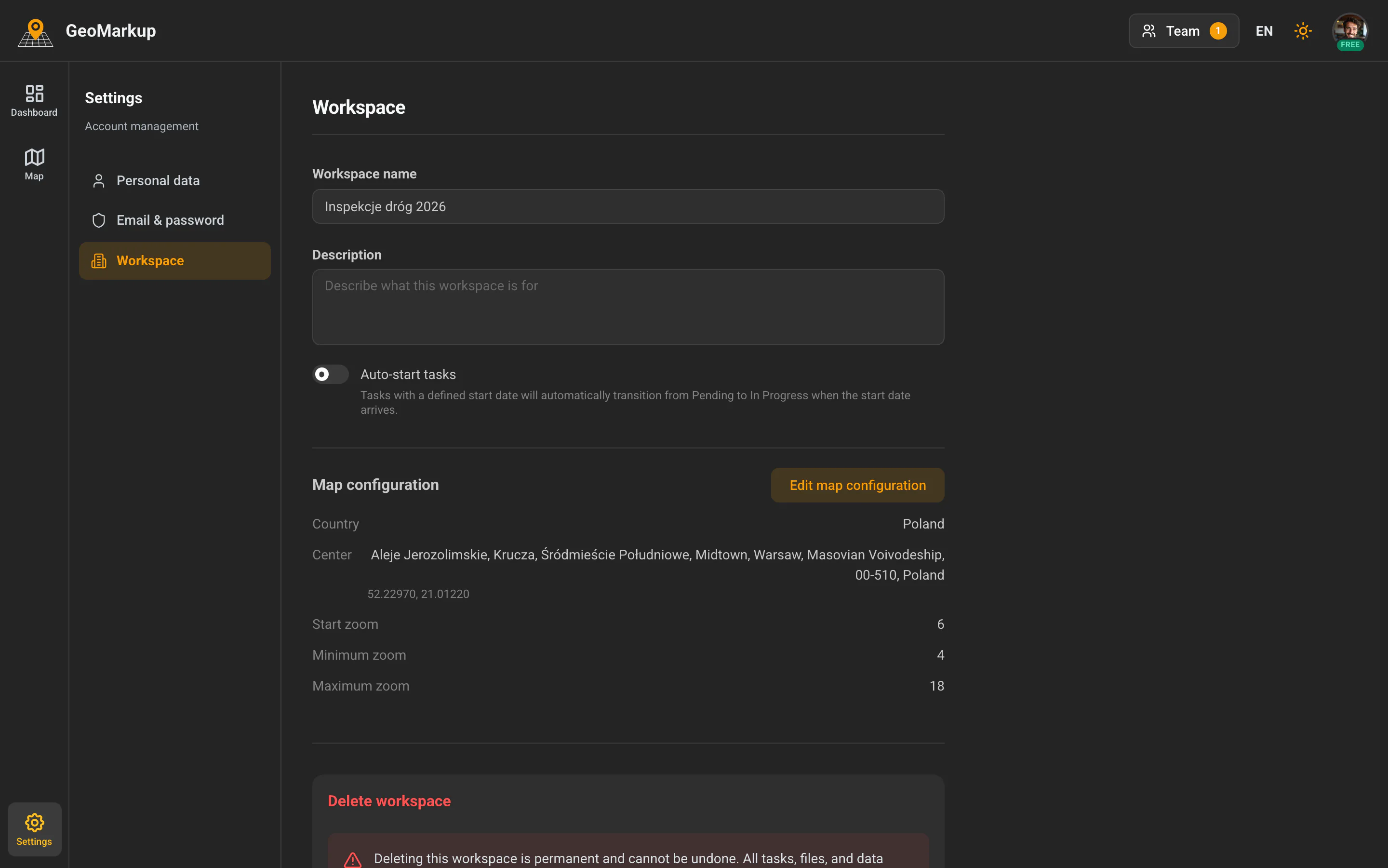 Settings — the "Workspace" tab with the name, description, map configuration and delete zone