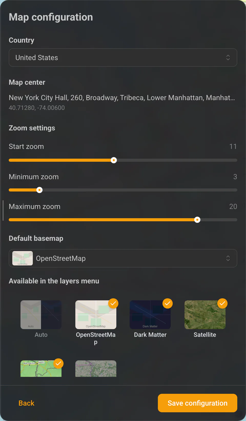 Choosing the default basemap and the backgrounds available in the layers menu