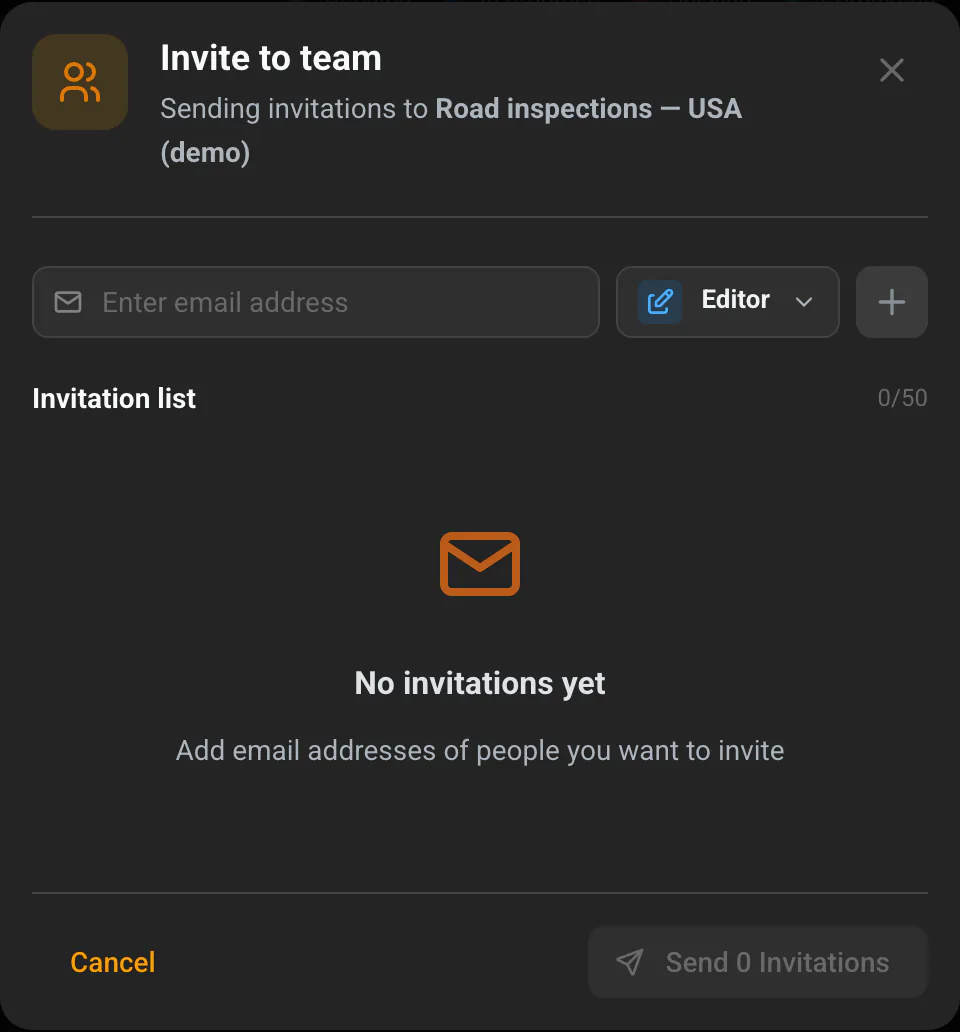 The "Invite to team" dialog with the email field, role selector and invitation list
