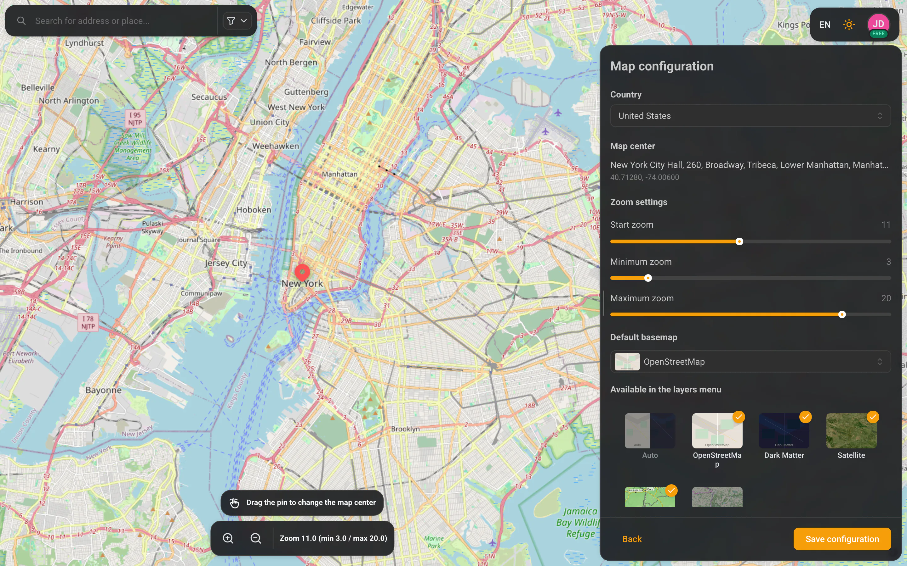 The map configurator — live preview on the left, settings panel on the right