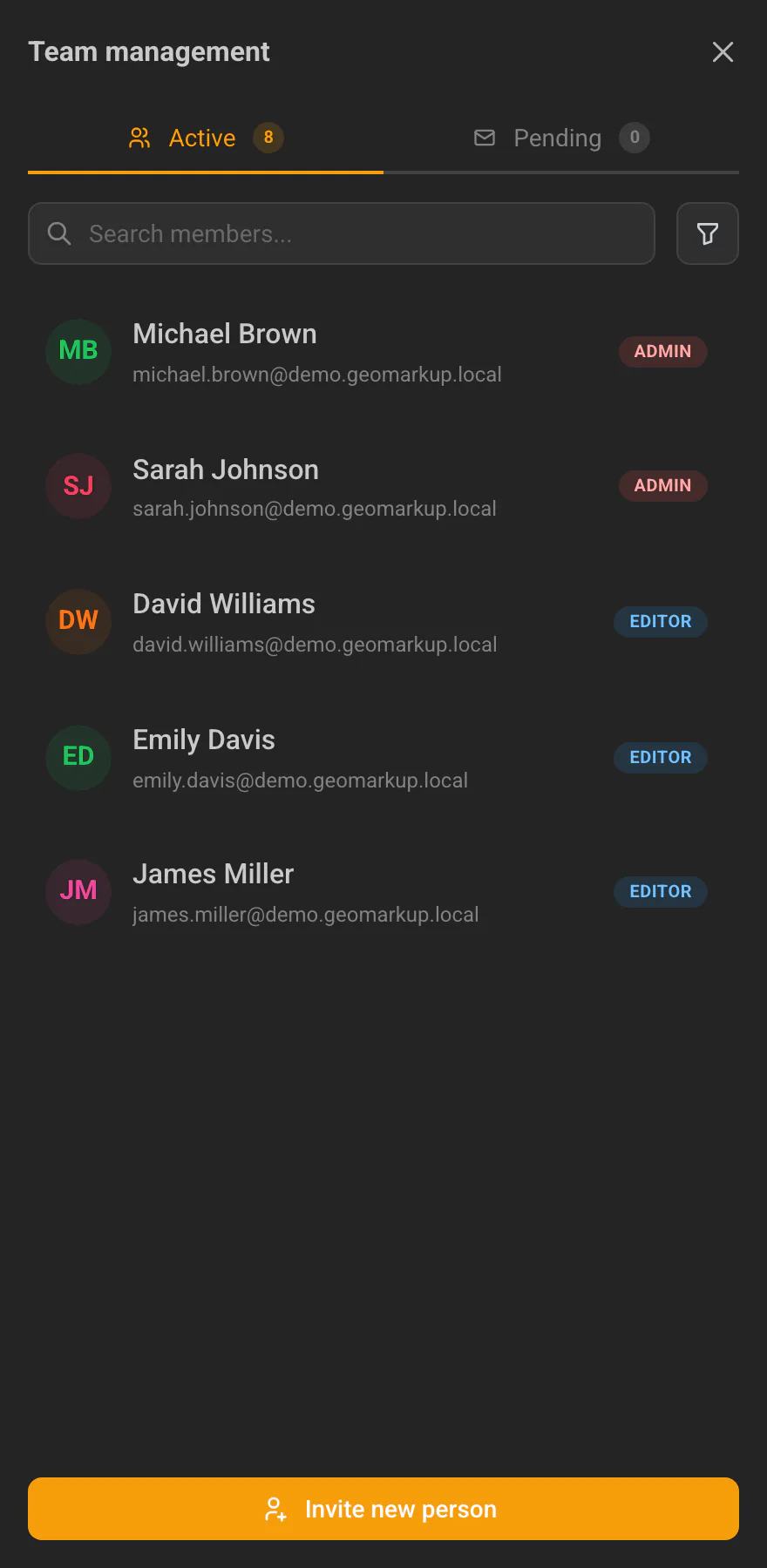 The "Manage team" panel with a member list and the Admin role