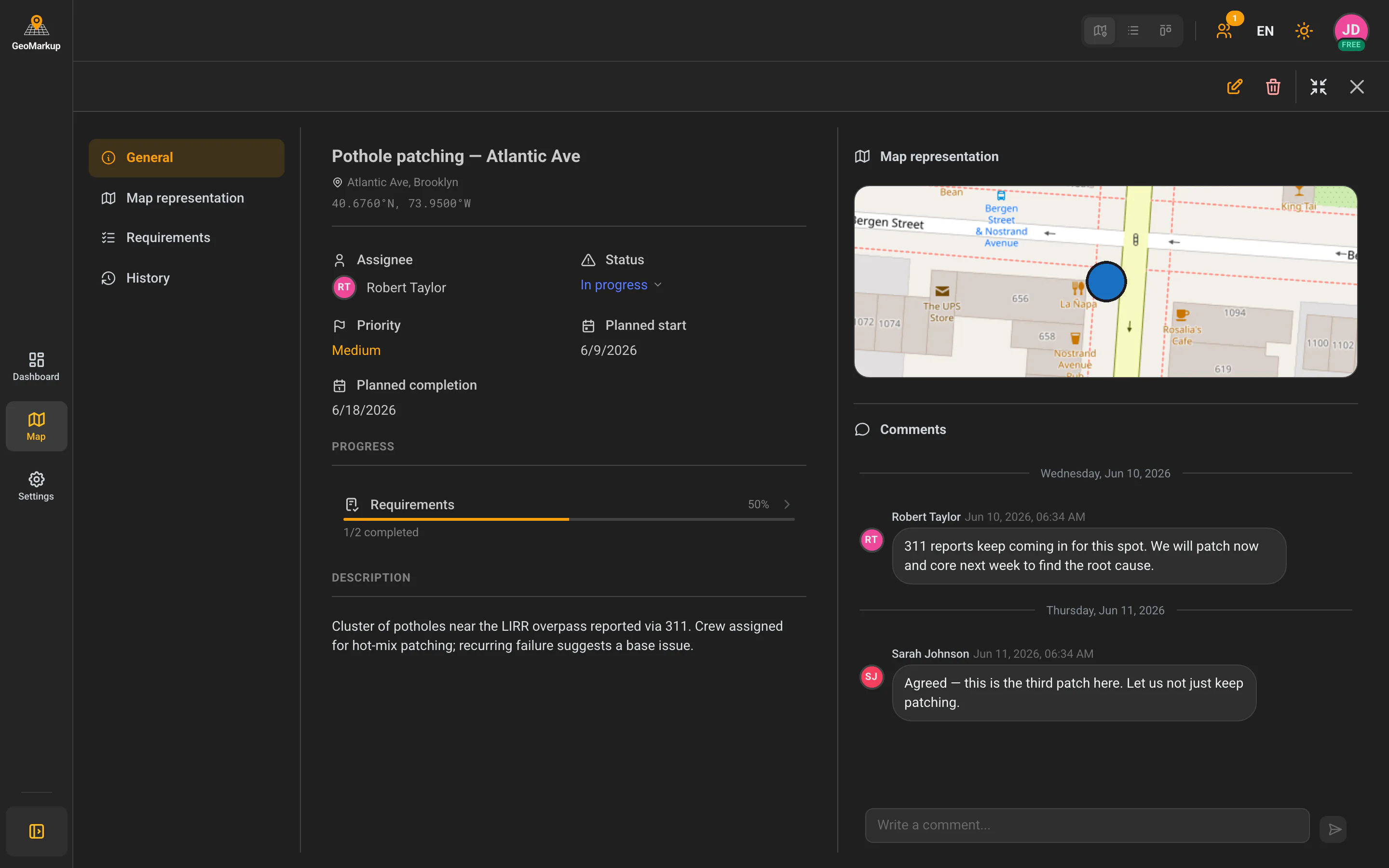 The task details panel with tabs and comments