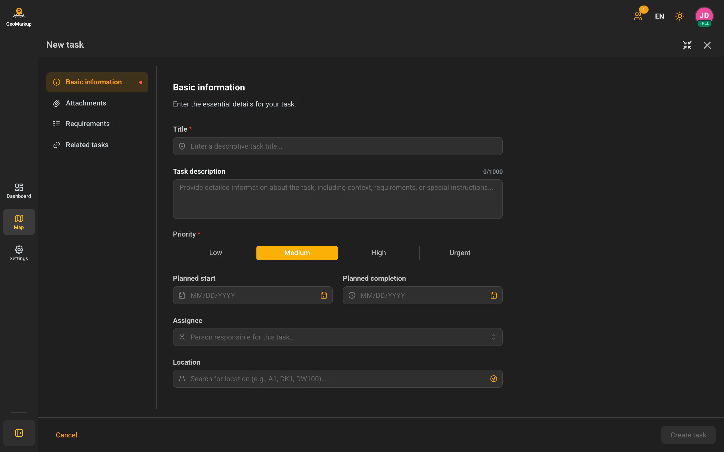 The new-task wizard — step 1 "Basic information" with the map and toolbox