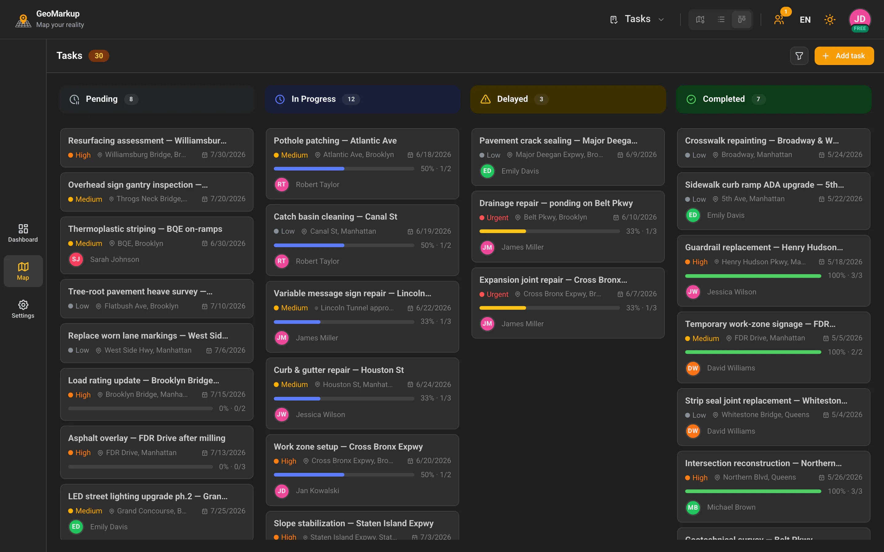 A kanban board of field tasks grouped into status columns