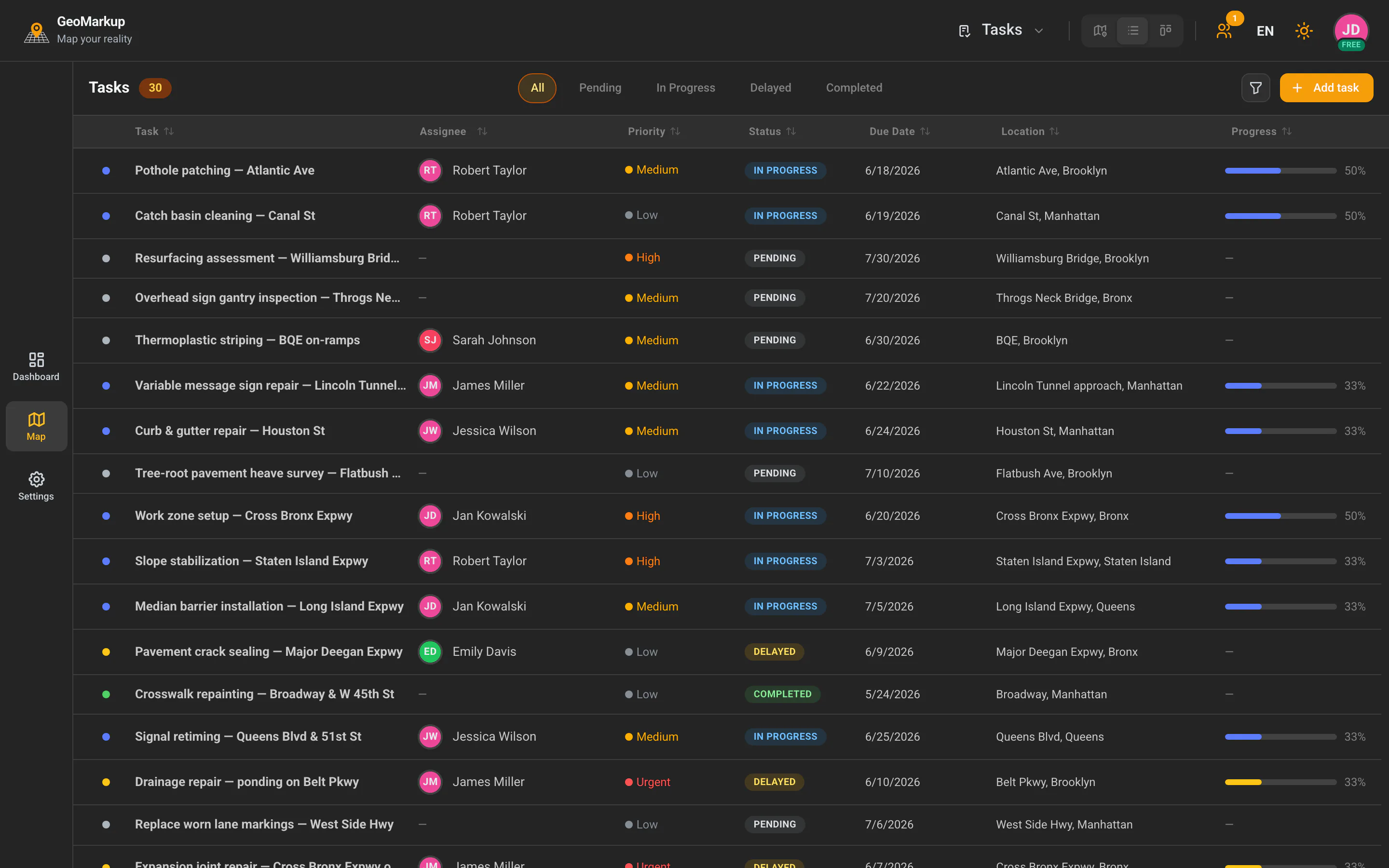 Task list view — a table with statuses, priorities and progress