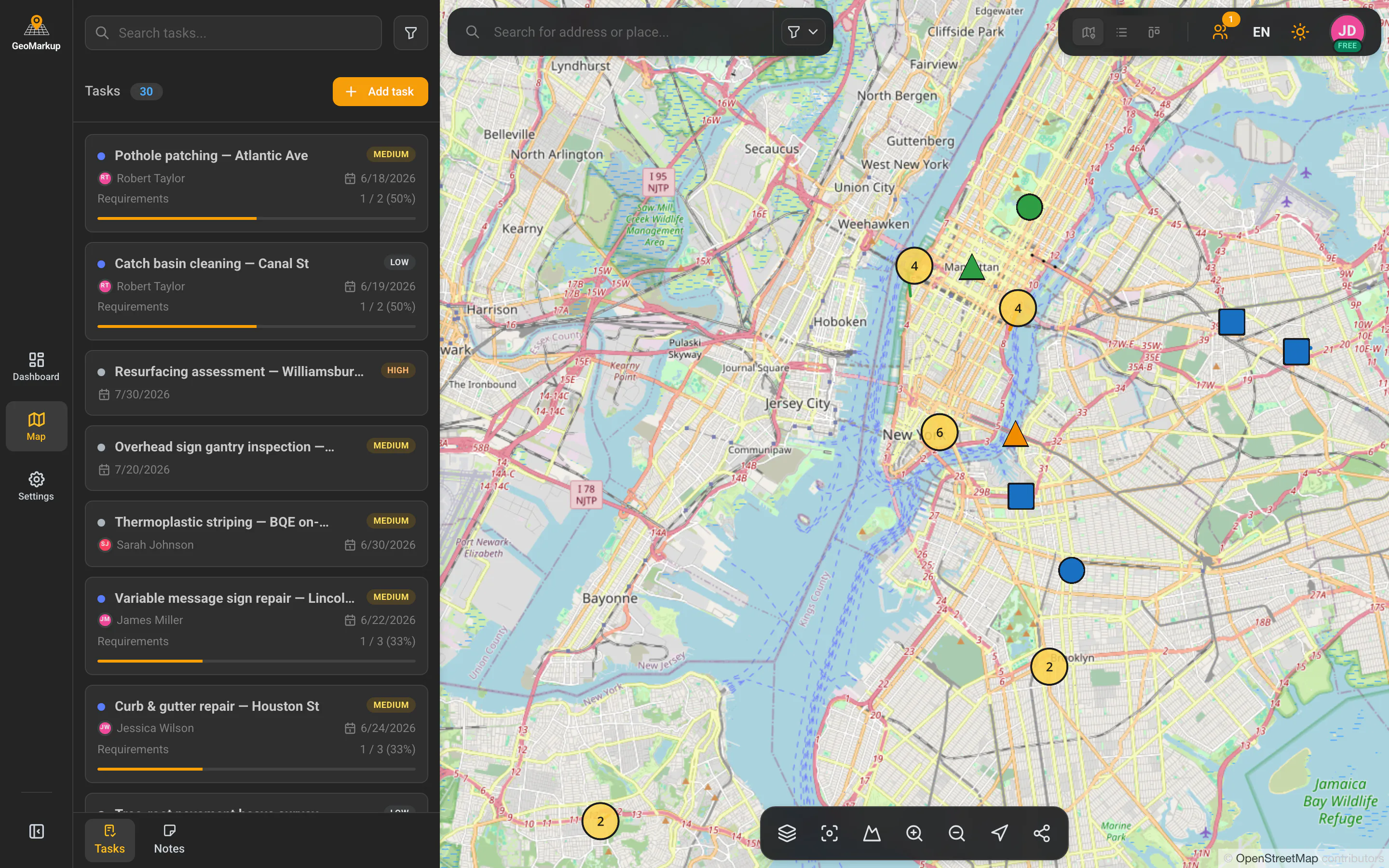Map view with tasks and the list side panel