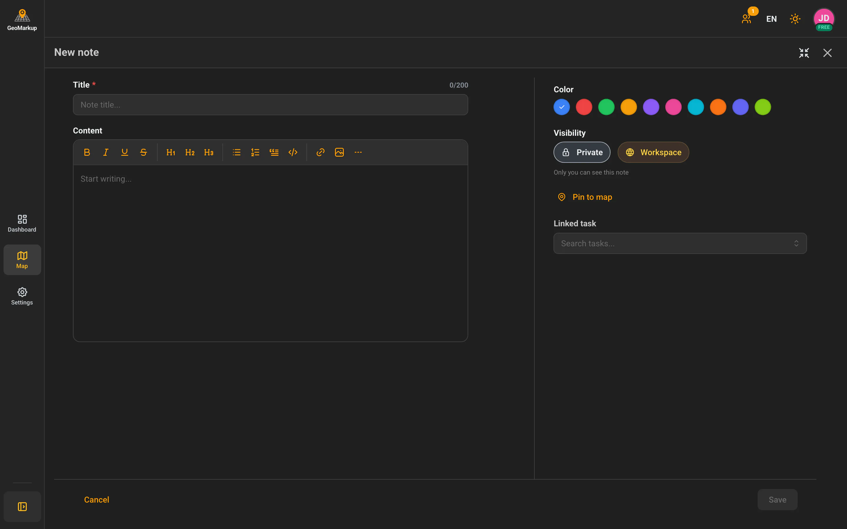The new-note form — title, content editor, colour, visibility and linked task