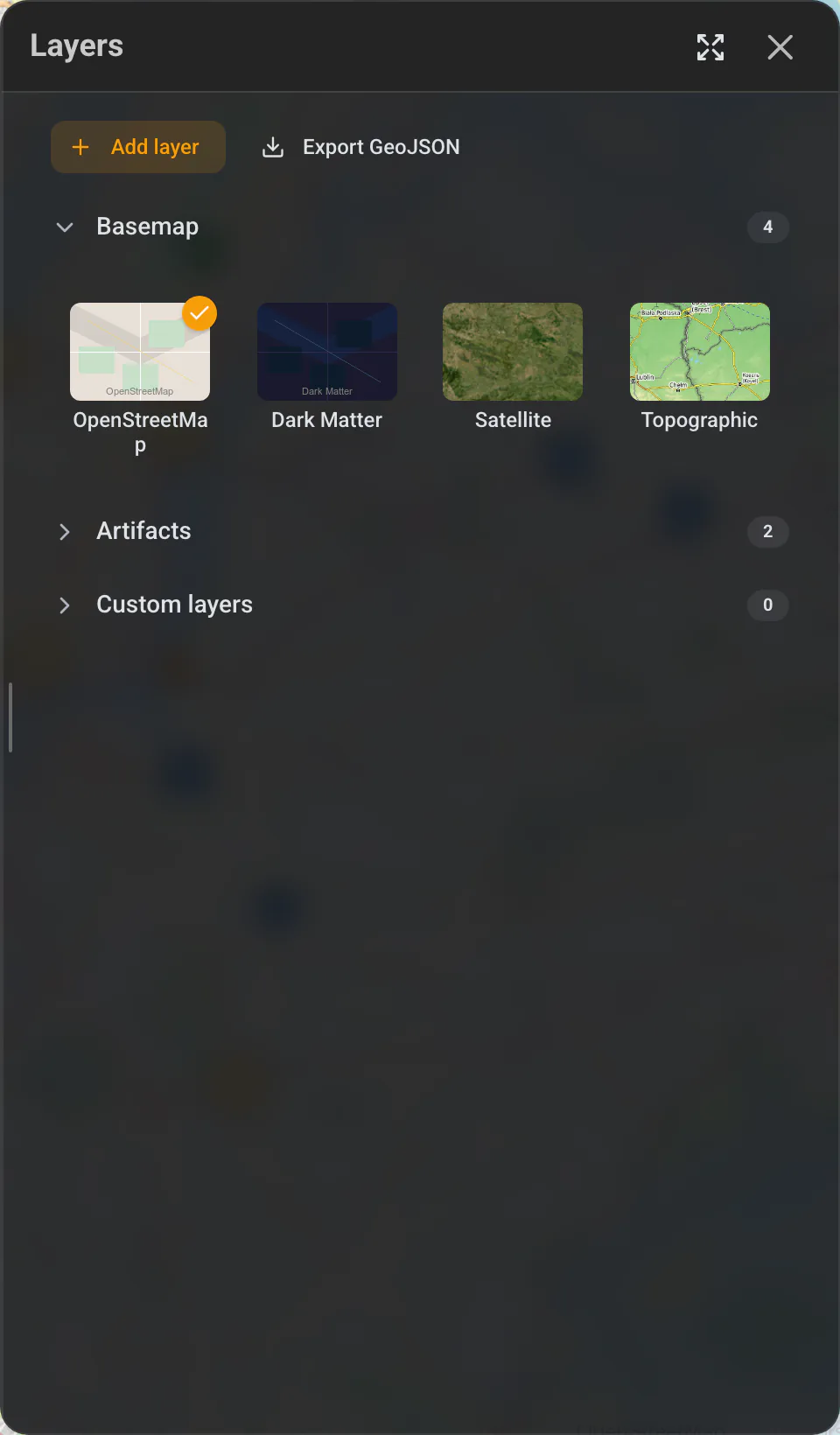 The layers panel with basemaps, artifact layers and imported custom layers