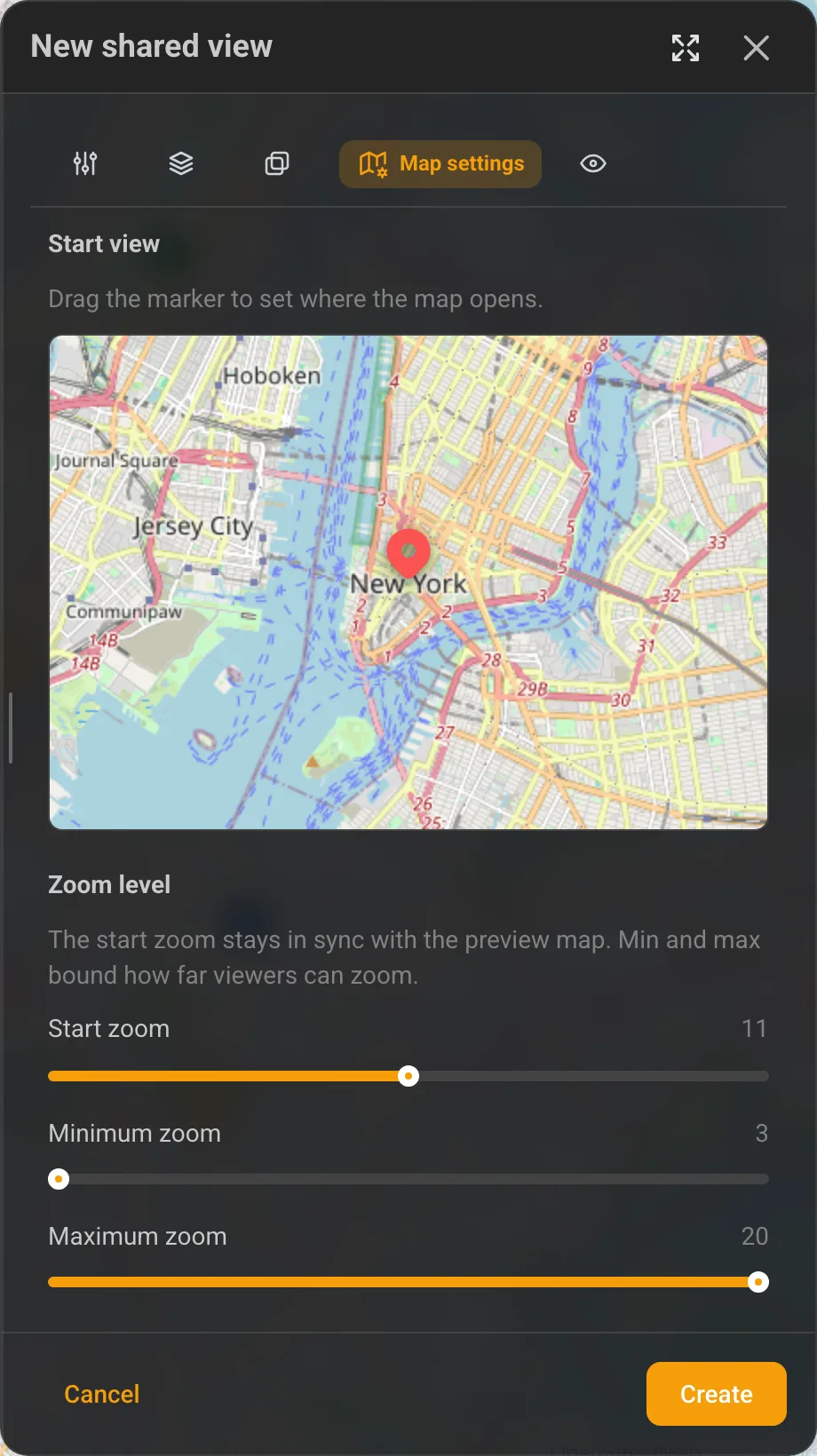 The shared-view creation form — the "Map settings" tab