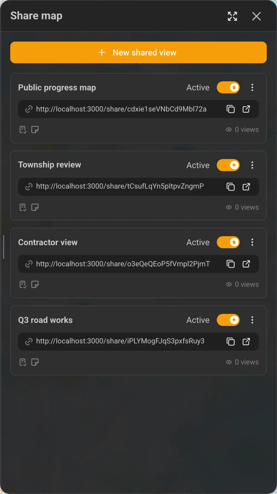 The "Shared views" panel with the list of links and the create button
