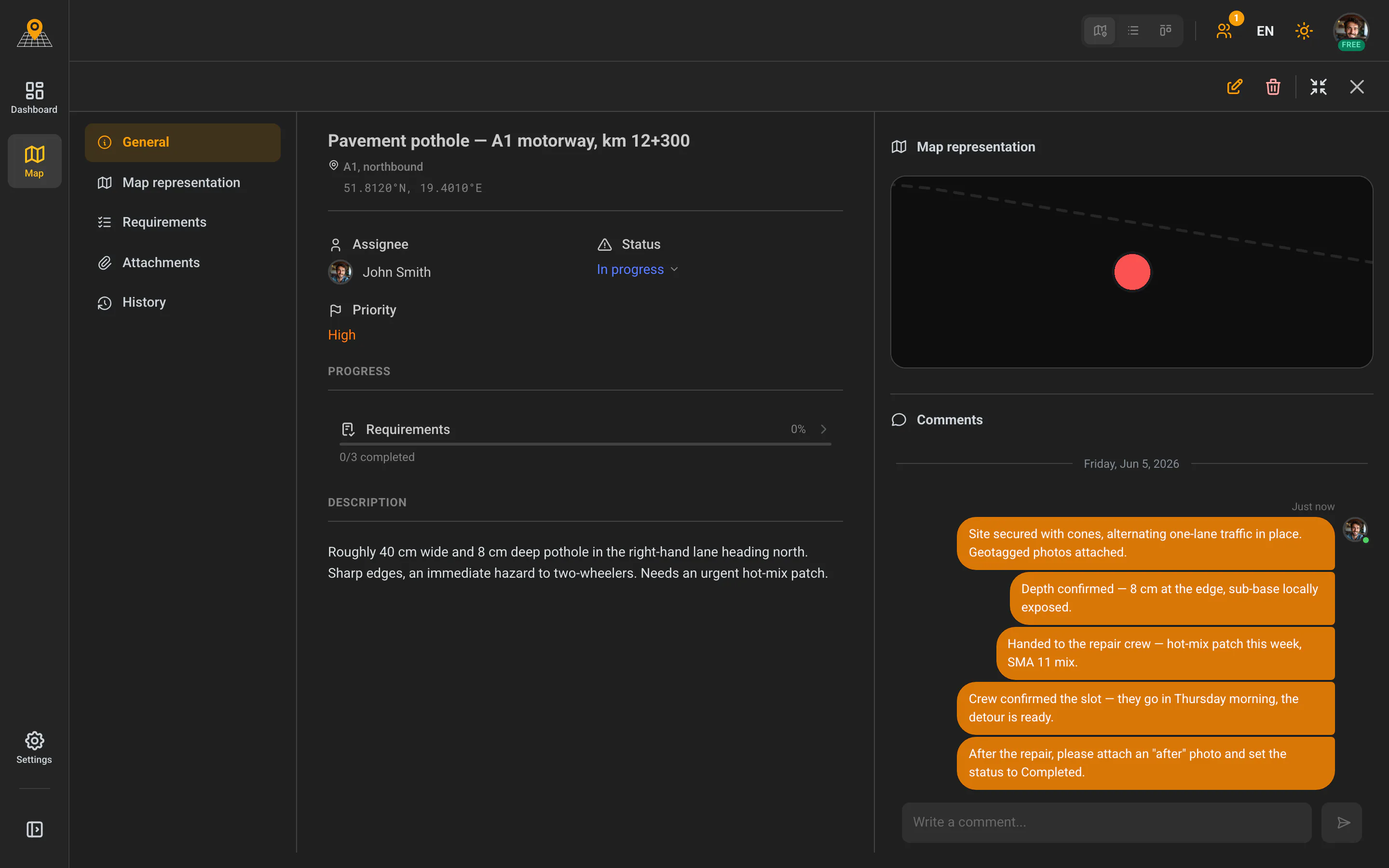 Defect report details with a real-time comment thread