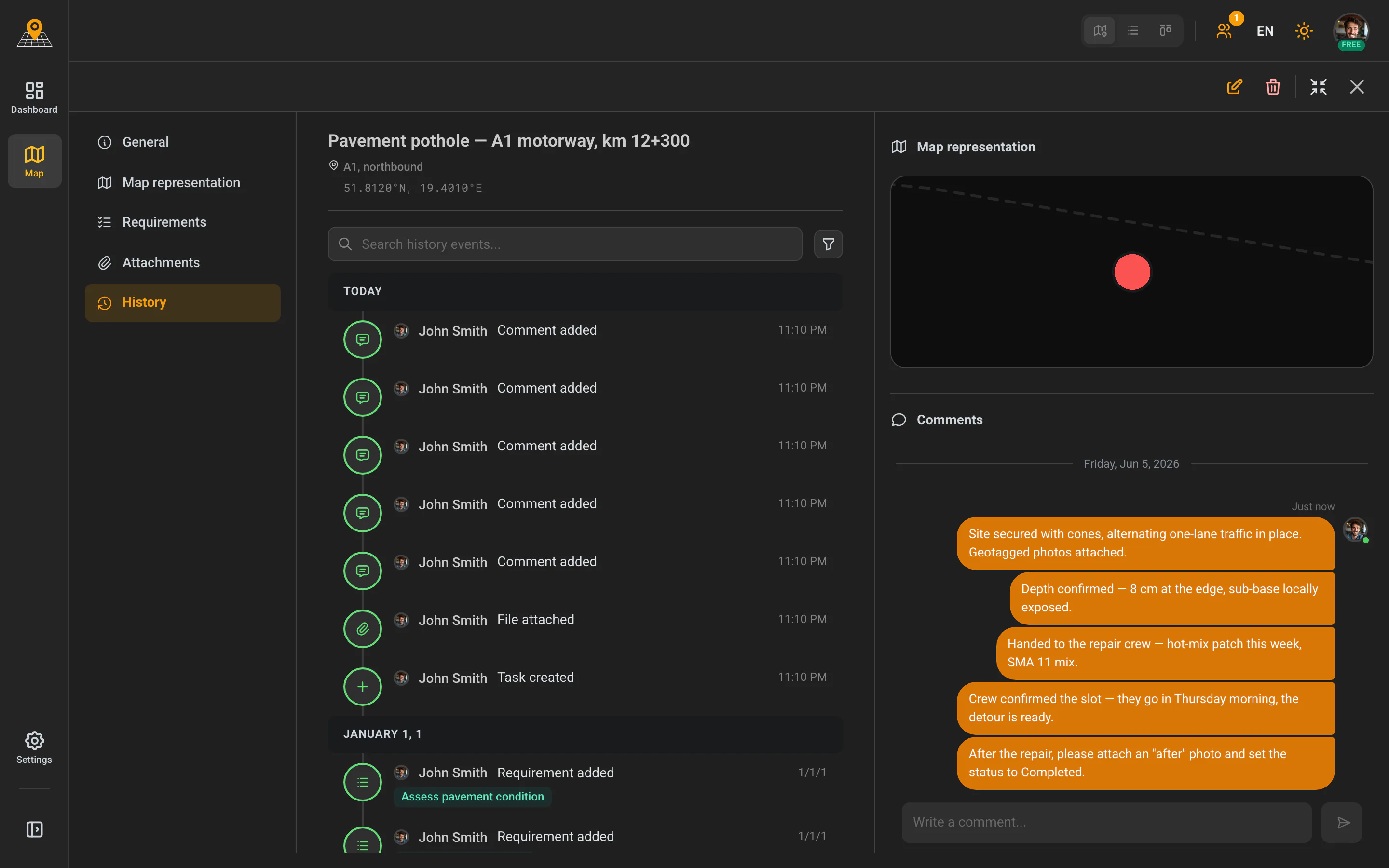 A report’s change history with dates and authors for each event