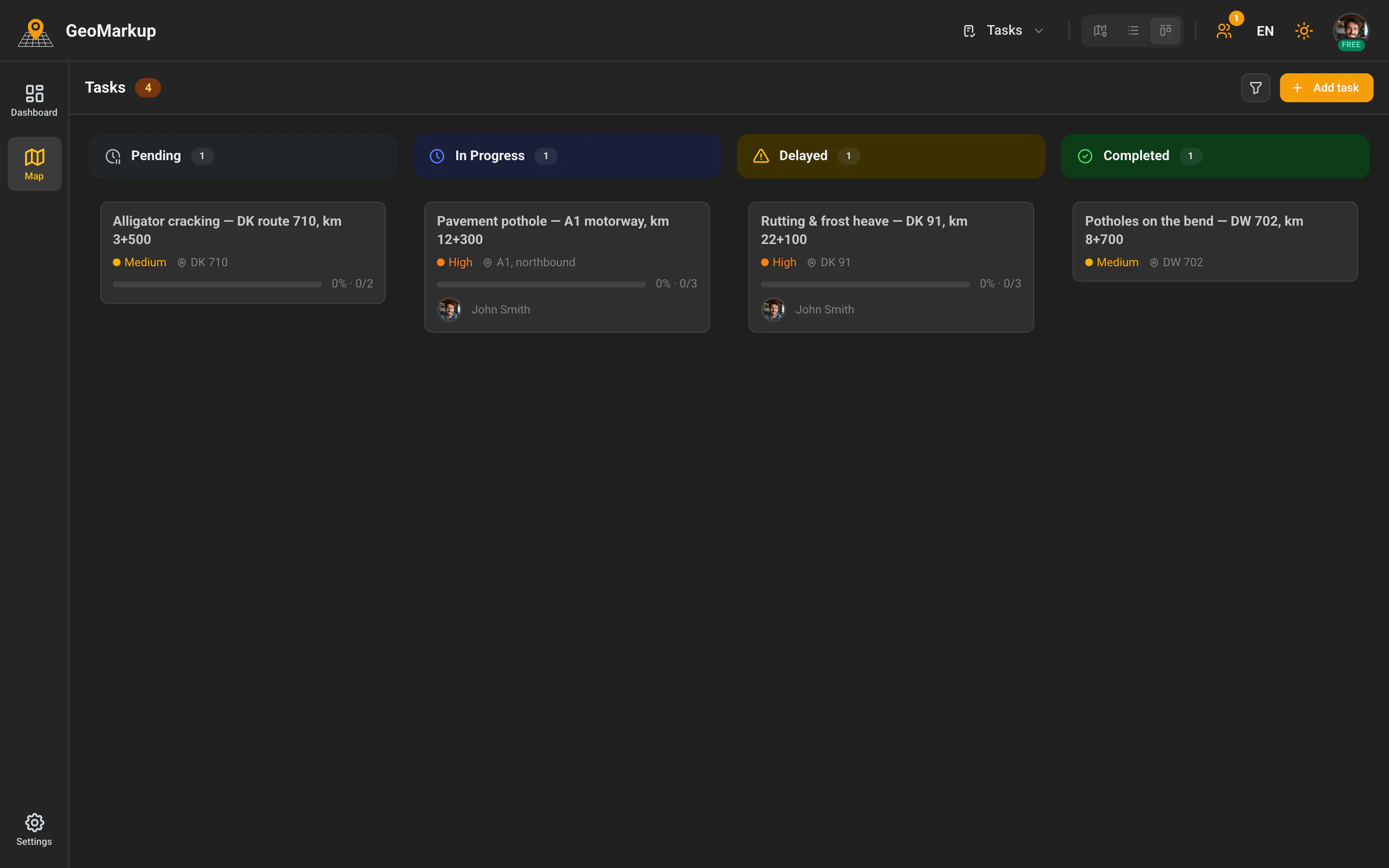 A kanban board with defects in status columns: Pending, In Progress, Delayed, Completed