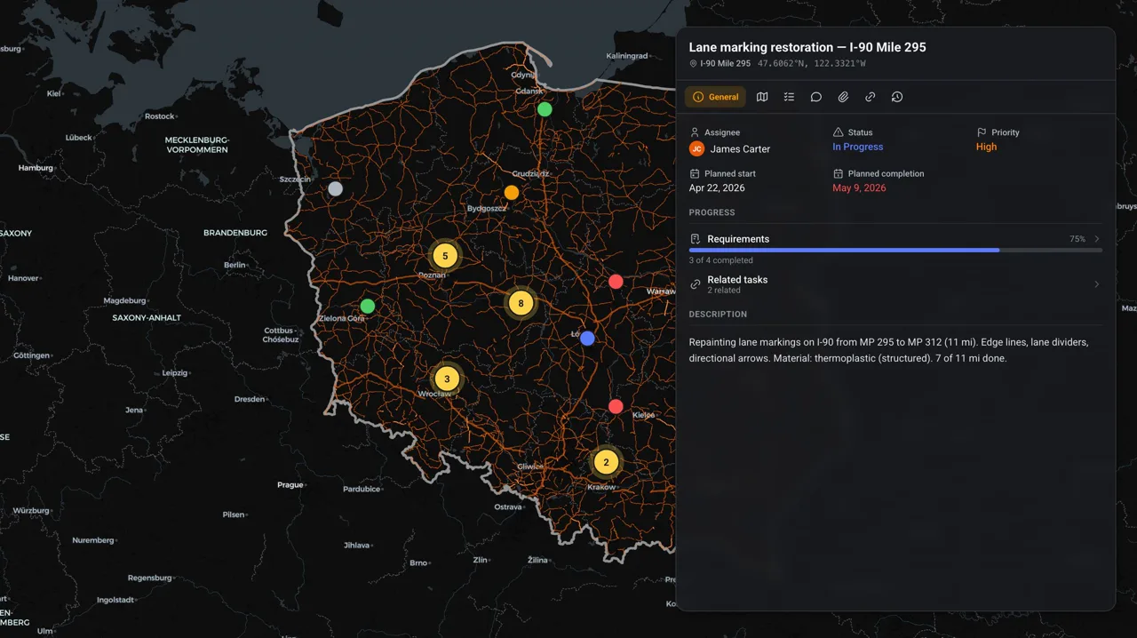 Task details pinned to a location, with status, priority and history