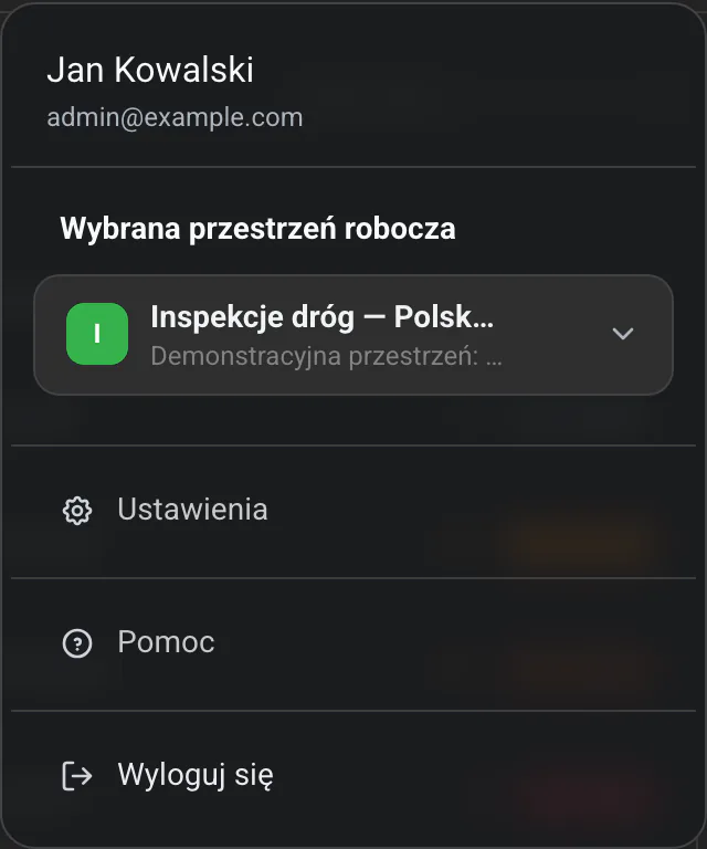 Menu użytkownika z opcjami „Ustawienia" i „Wyloguj się"