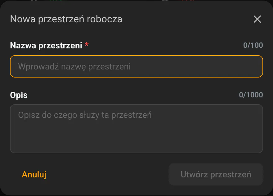 Okno „Nowa przestrzeń robocza" z polami Nazwa przestrzeni i Opis
