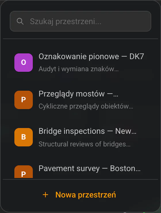 Rozwinięty przełącznik przestrzeni z wyszukiwarką i przyciskiem „Nowa przestrzeń"