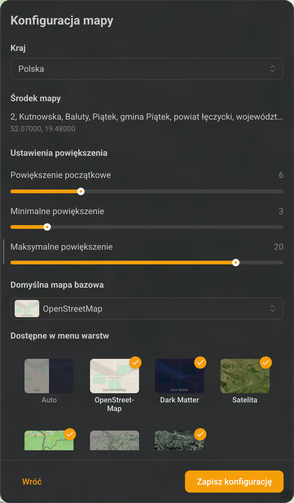 Wybór domyślnej mapy bazowej oraz teł dostępnych w menu warstw