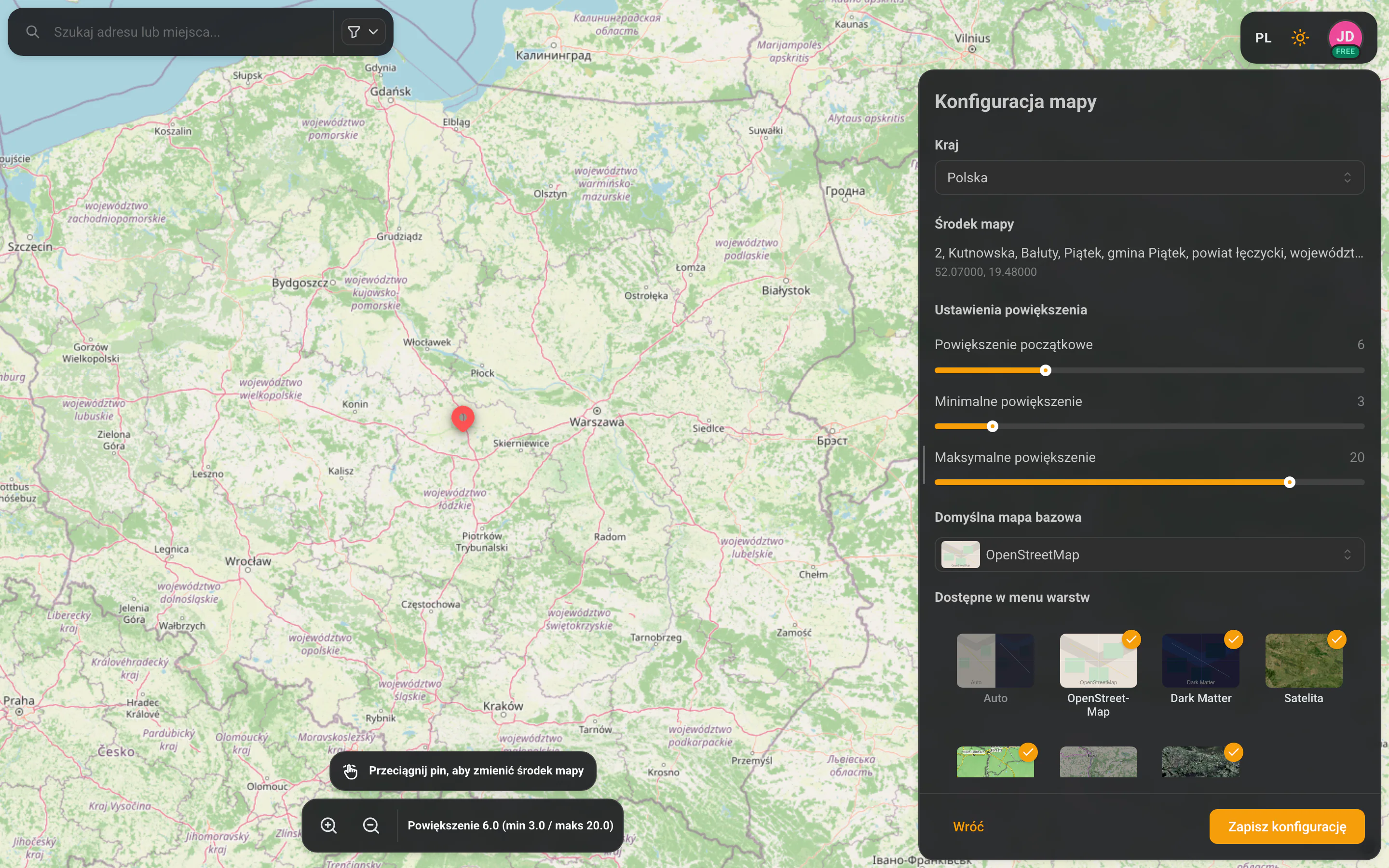 Konfigurator mapy — podgląd na żywo po lewej, panel ustawień po prawej
