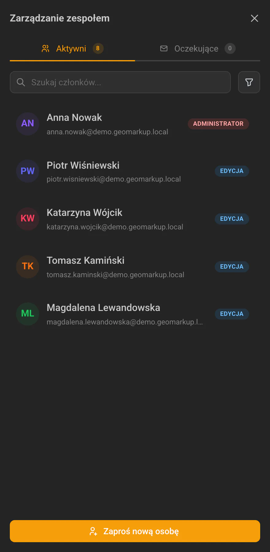 Panel „Zarządzanie zespołem" z listą członków i rolą Administrator