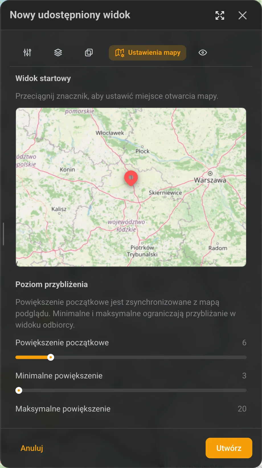 Formularz tworzenia udostępnionego widoku — zakładka „Ustawienia mapy”
