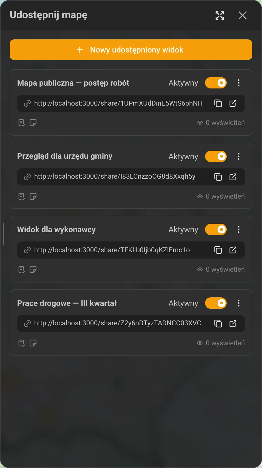 Panel „Udostępnione widoki” z listą linków i przyciskiem tworzenia
