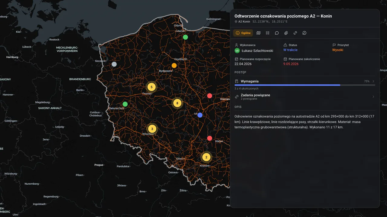 Szczegóły zadania przypiętego do lokalizacji, ze statusem, priorytetem i historią