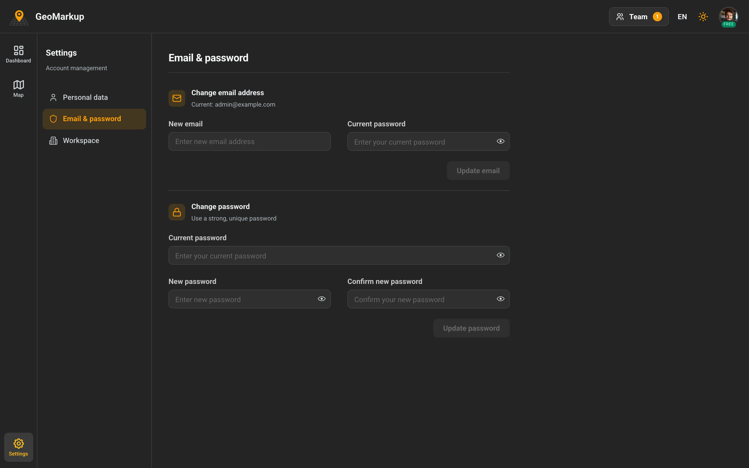 Settings — the "Email & password" tab with the email- and password-change sections
