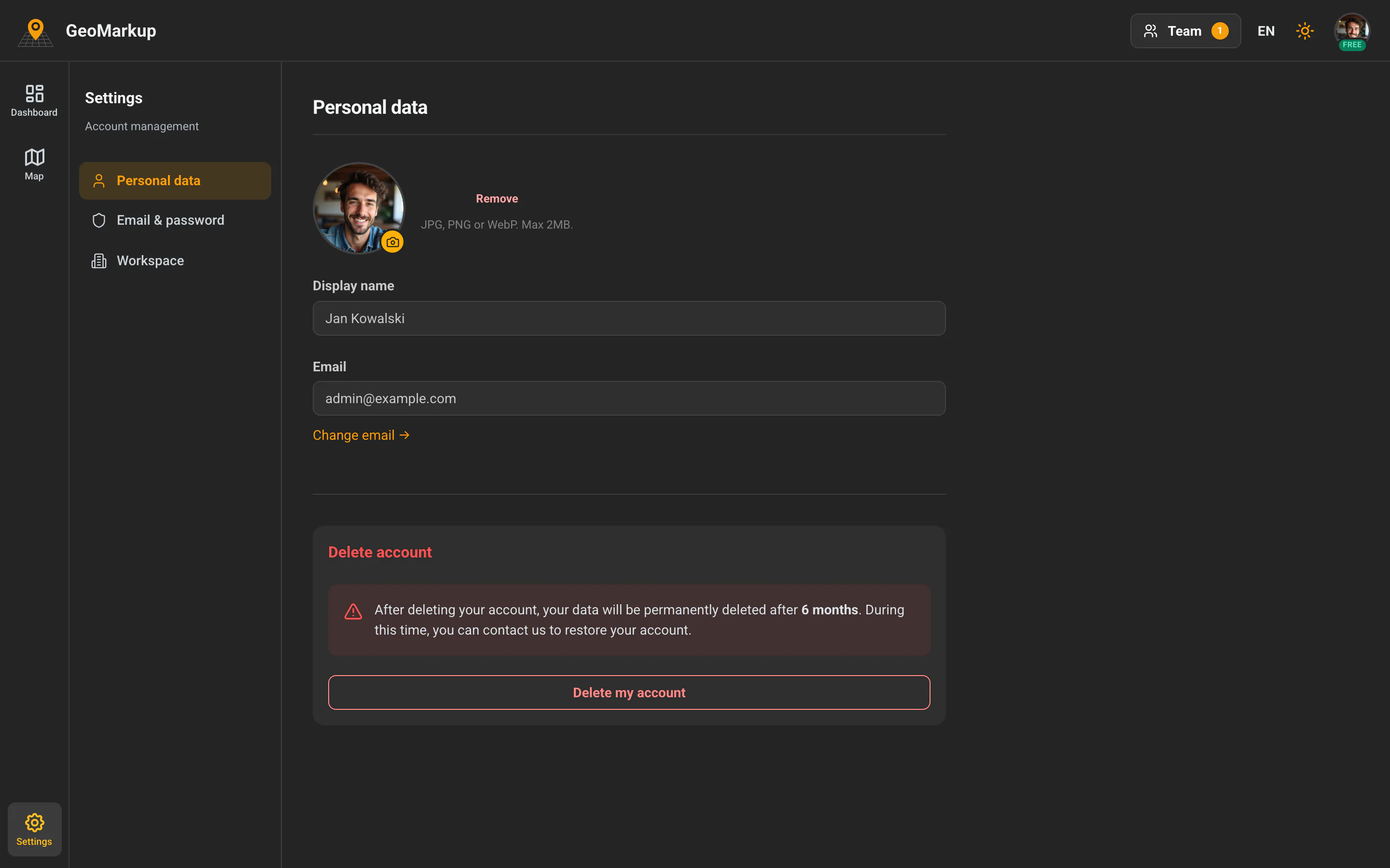 Settings — the "Personal data" tab with avatar, name and the account-deletion section