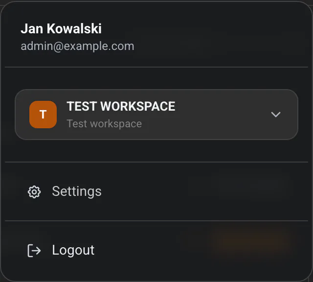 User menu with the "Settings" and "Logout" options