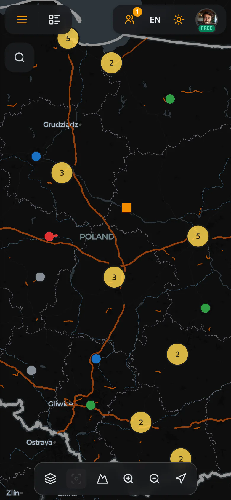 Map view on a phone — the mobile menu buttons and panels
