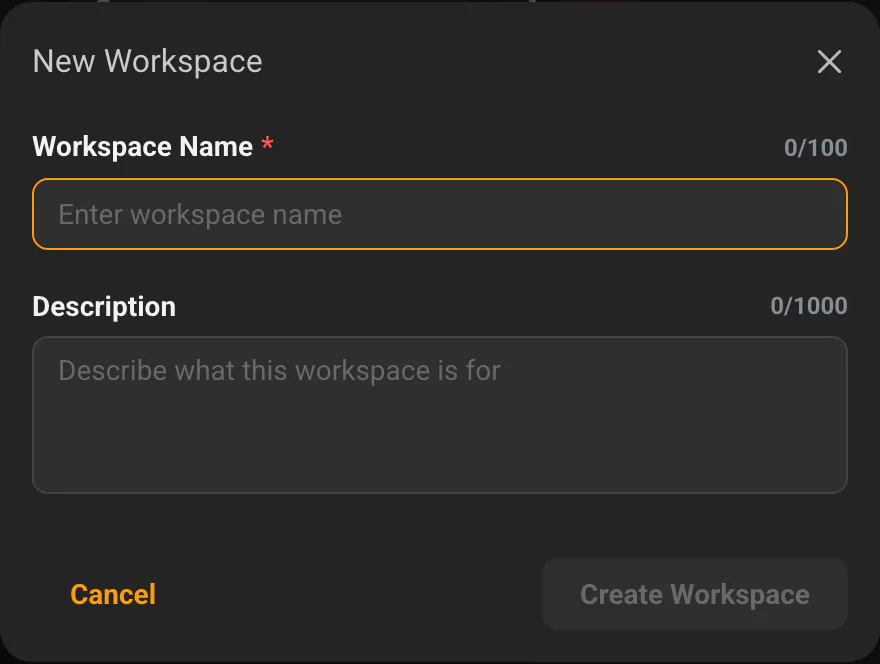 The "New Workspace" dialog with the Workspace Name and Description fields
