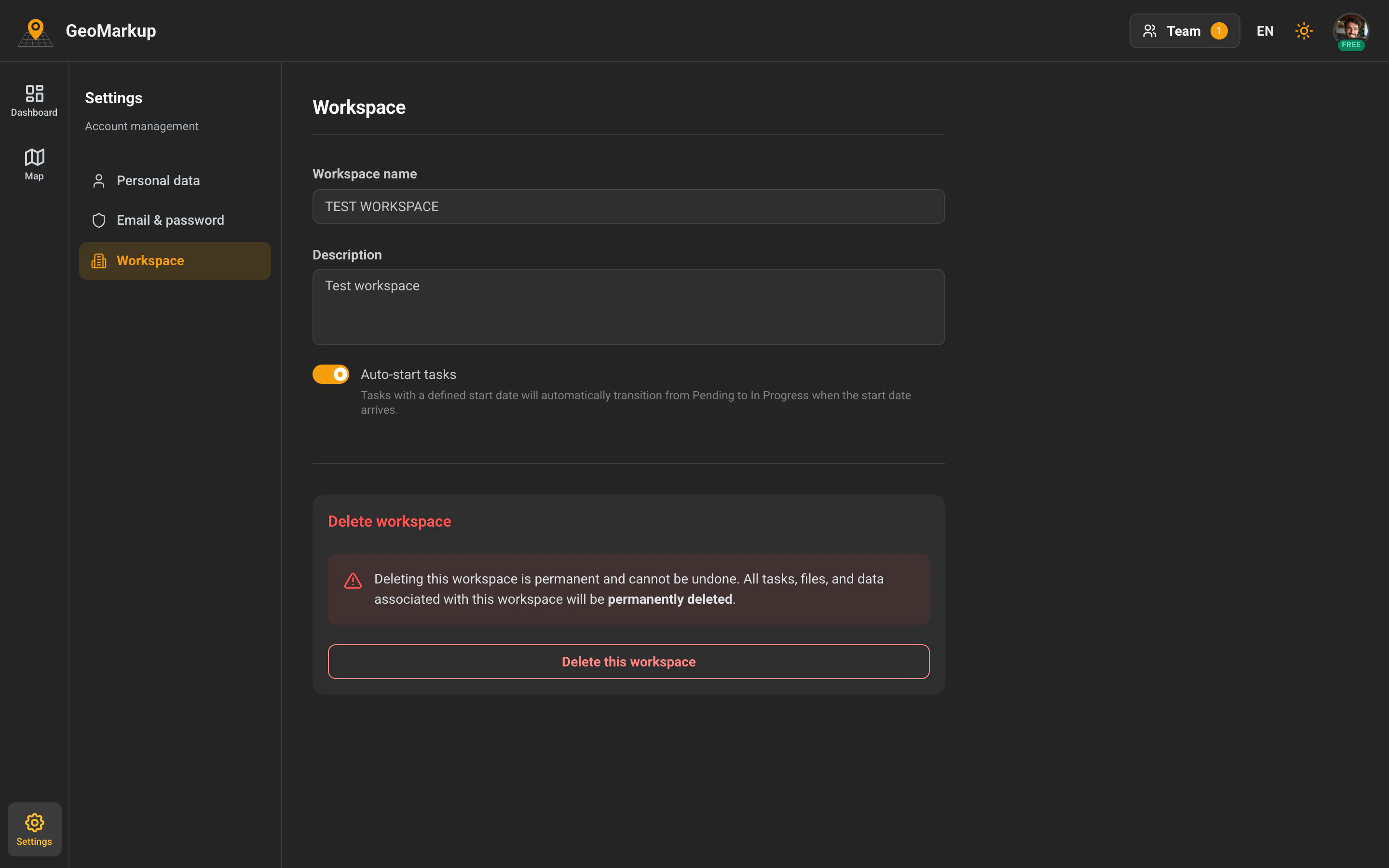 Settings — the "Workspace" tab with the name, description and delete zone