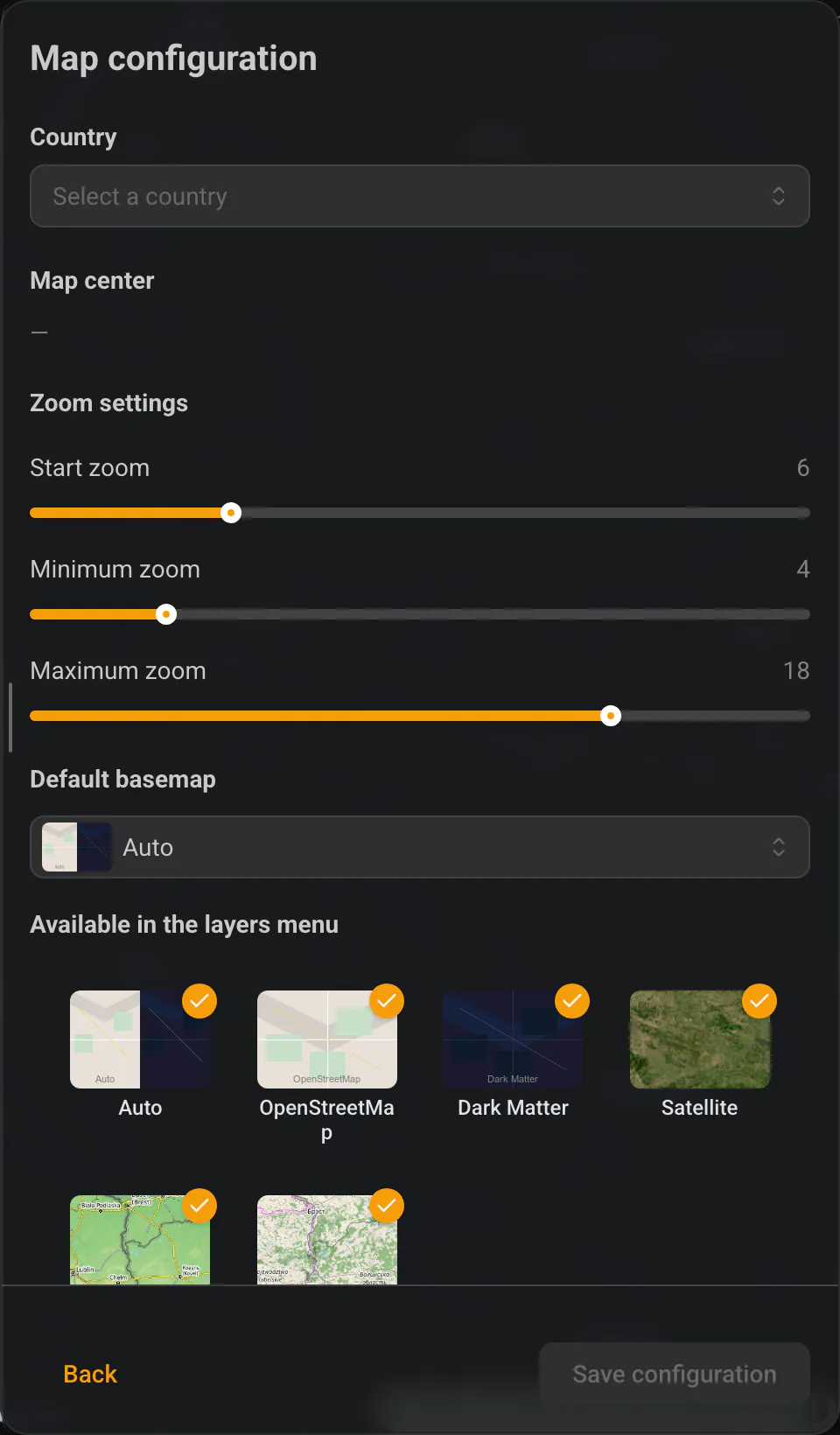 Choosing the default basemap and the backgrounds available in the layers menu