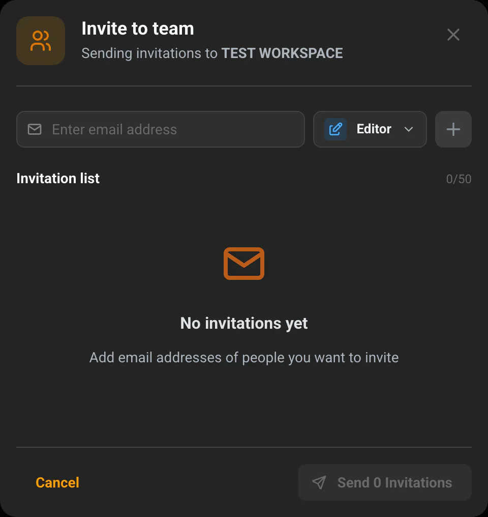 The "Invite to team" dialog with the email field, role selector and invitation list