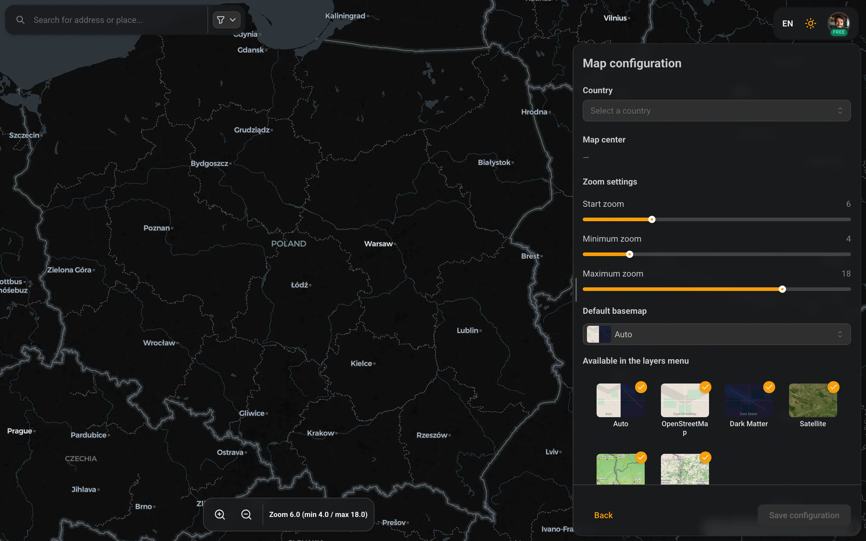 The map configurator — live preview on the left, settings panel on the right