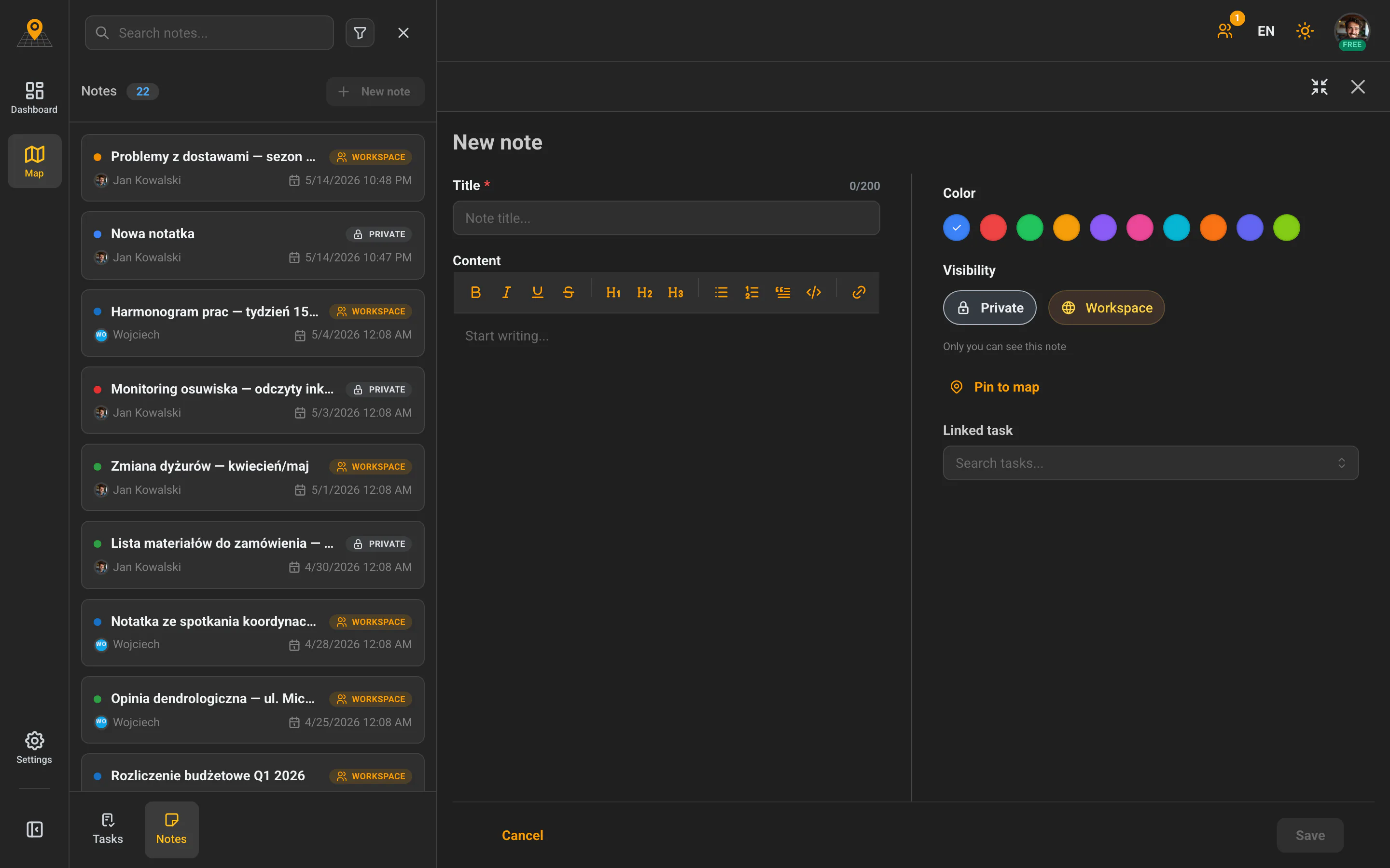 The new-note form — title, content editor, colour, visibility and linked task