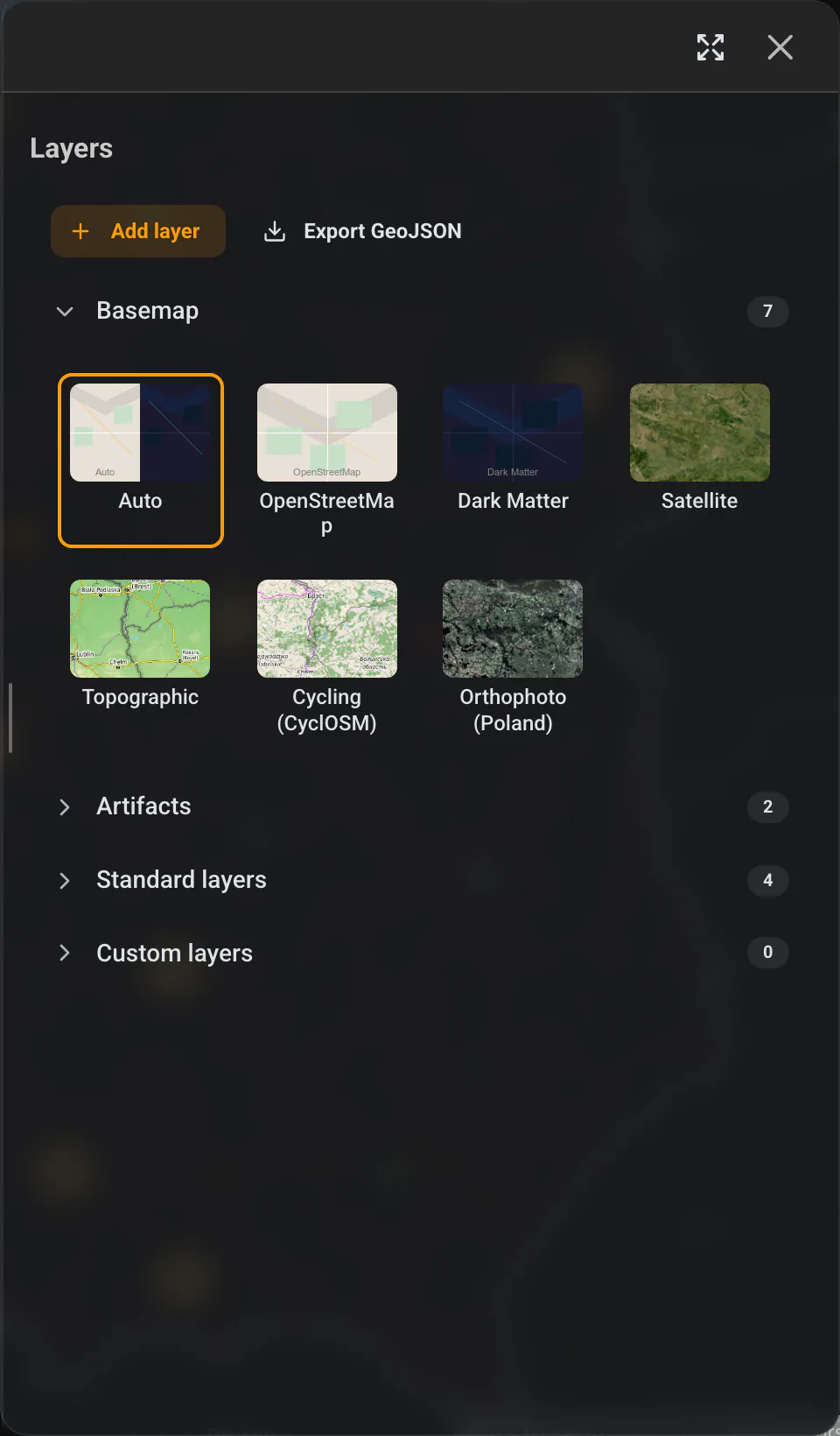The layers panel with the basemap, artifacts and layers selection