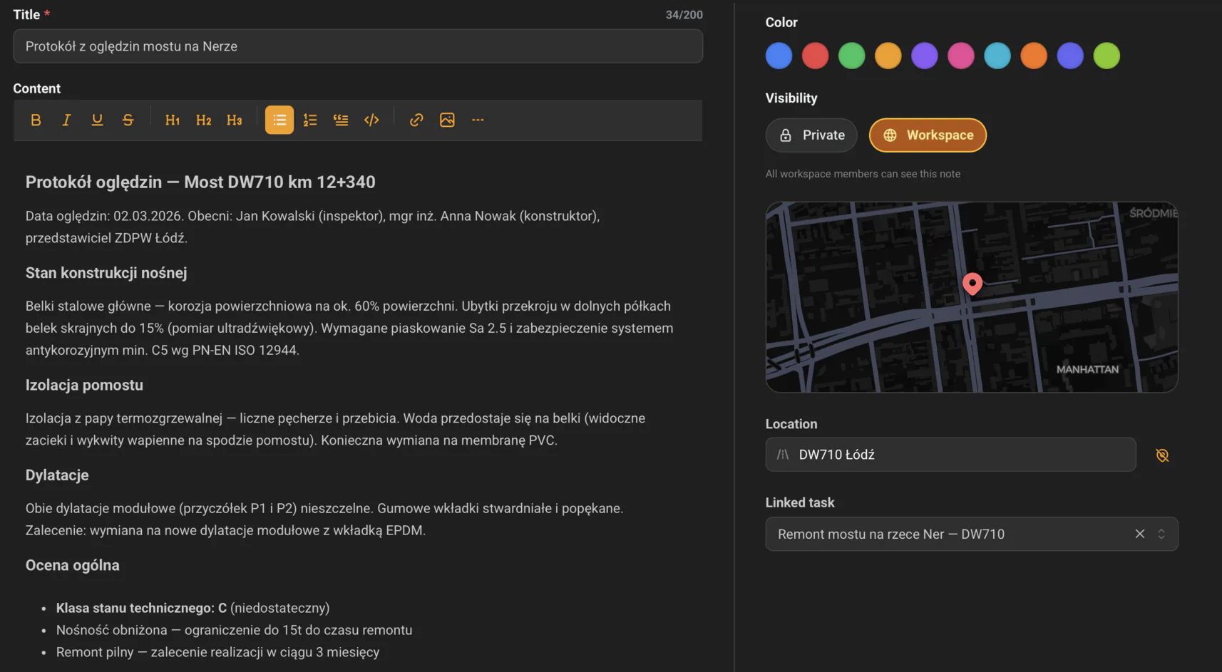 GeoMarkup — note editor with rich text, colour, visibility, location and a linked task