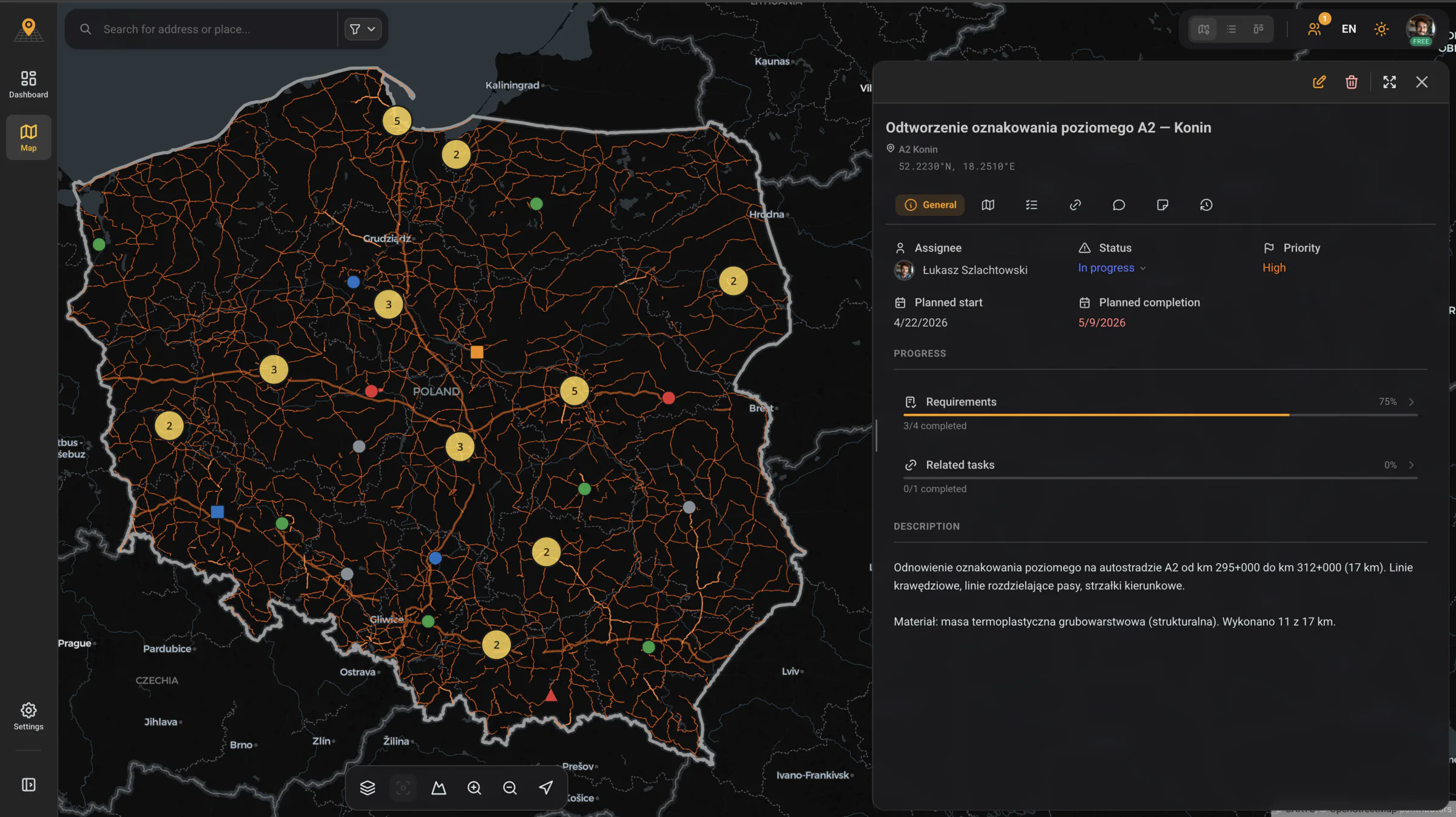 GeoMarkup — task details with status, priority, requirements and comments