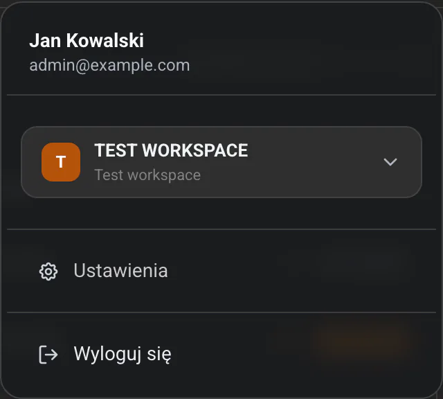 Menu użytkownika z opcjami „Ustawienia" i „Wyloguj się"