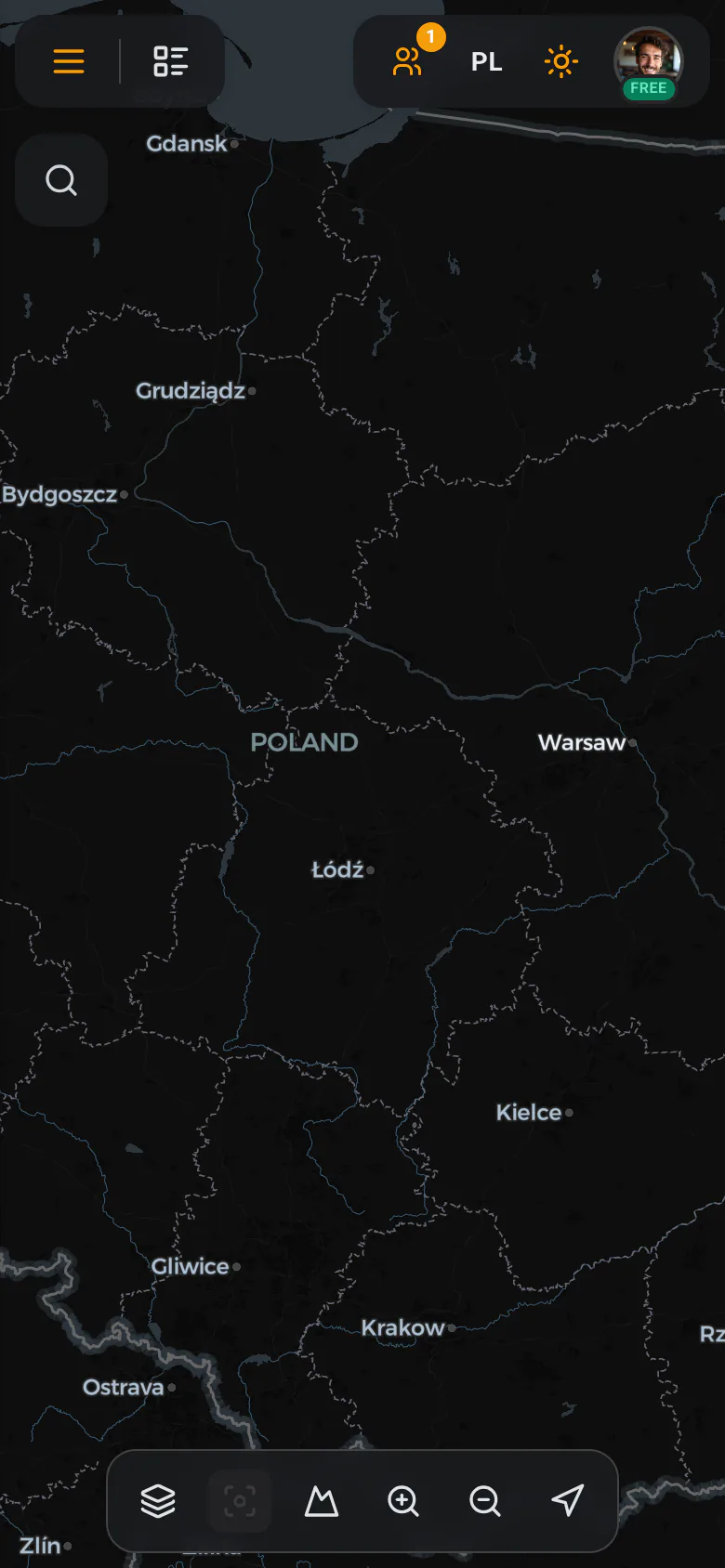 Widok mapy na telefonie — mobilne przyciski menu i panele