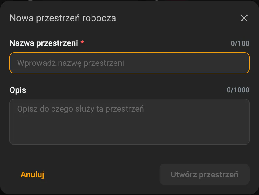 Okno „Nowa przestrzeń robocza" z polami Nazwa przestrzeni i Opis